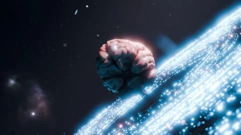 Human brain floating above glowing digital surface in dark space. Artificial Stock Footage 310928445