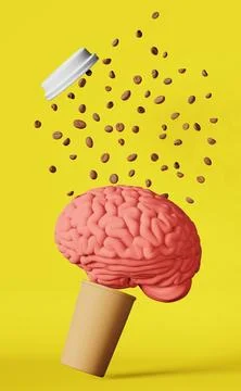 Human brain floating coffee bean explosion paper cup 3D rendering yellow En.. Stock Photos