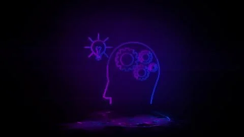 A human brain with gears connected to a light bulb in neon effect mp4 video Illustrazione stock