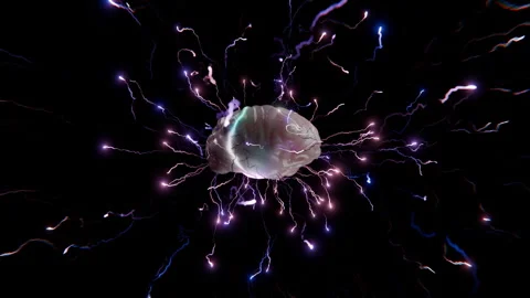 Human Brain with Glowing Energy Pulses and Electric Flows in 3D Animation Stock Footage 298448053