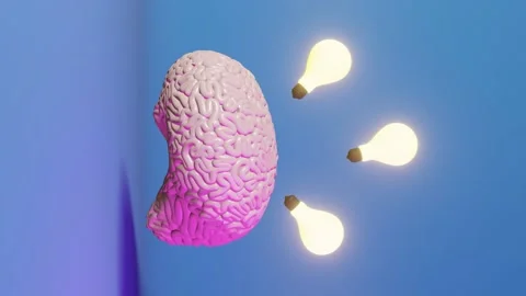 Human brain glowing light bulb neon vertical 3d animation Creative idea Thinking Stock Footage 219006496