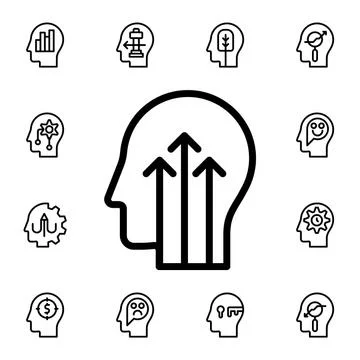 Human, brain, growth, up, arrows flat vector icon in mind process pack Stock Illustration