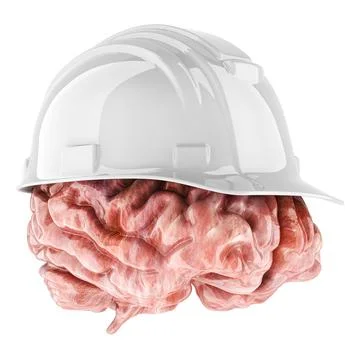 Human brain with hard hat, 3D rendering Illustrazione stock