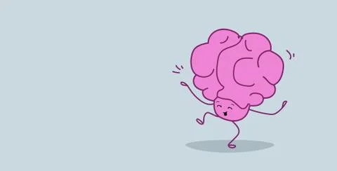 Human brain having fun relaxation concept pink cartoon character dancing pose Stock Illustration