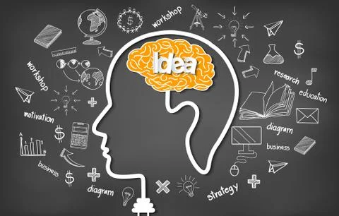 Human brain head creativity icon. sparking idea in business. on blackboard ba Stock Illustration