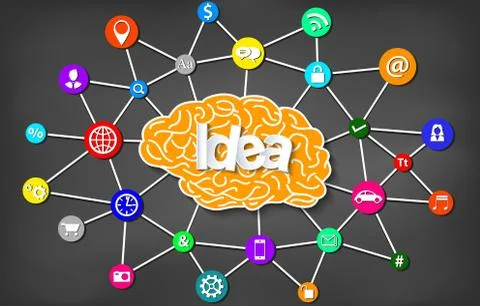 Human brain head creativity icon. sparking idea in business. on blackboard ba Stock Illustration