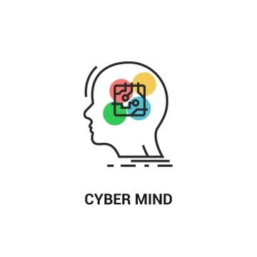 Human brain head digital logo technology. People think tech cyber mind creative Stock Illustration