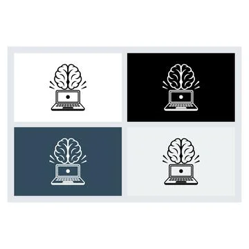 Human brain icon floating above an open laptop computer screen Stock Illustration
