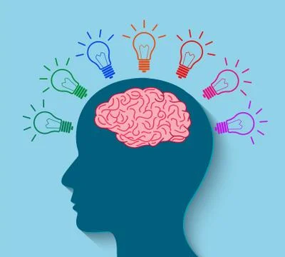 Human brain icon silhouette head with multiple light bulb Luminou sparking id Stock Illustration