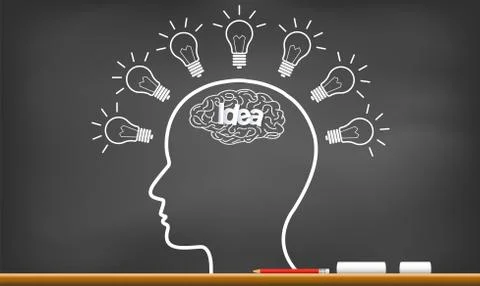 Human brain icon silhouette head with multiple light bulb sparking idea in bu Stock Illustration