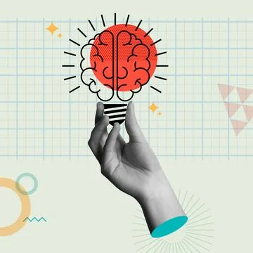 Human brain idea concept and hands in retro collage vector illustration Stock Illustration