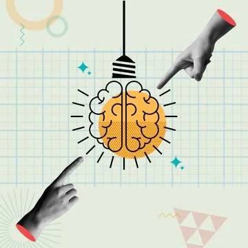 Human brain idea concept and hands in retro collage vector illustration Stock Illustration