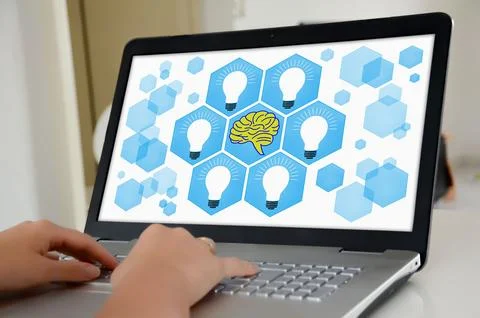 Human brain ideas concept on a laptop screen Stock Photos