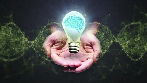 Human brain inside a electric bulb over cupped hands against digital waves on Stock Footage
