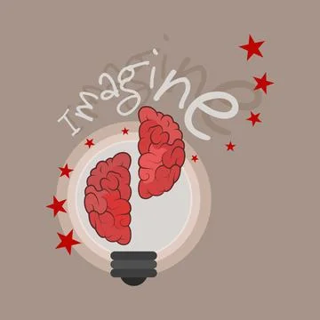 Human brain inside a light bulb with text Imagine Stock Illustration