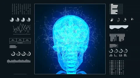 Human brain inside skull and neurological activity. Hud futuristic panel. Ani Video stock 127259349