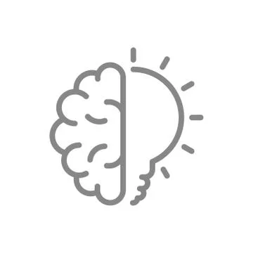Human brain with light bulb line icon. Creative idea, brainstorm, thinking Stock Illustration