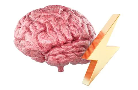 Human brain with lightning bolt, brain power concept. 3d rendering Stock Illustration