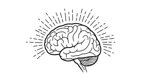 Human brain line art drawing with rays. thinking process and mind intelligenc Stock Illustration