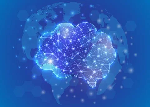 Human brain low poly symbol with world map background. Mind design illustration Stock Illustration
