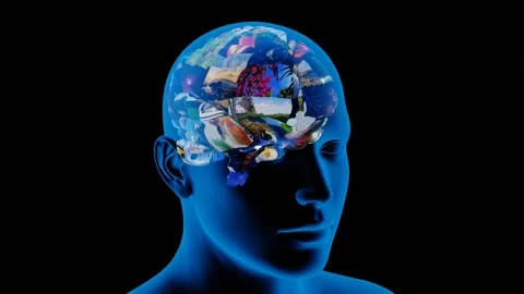 Human with brain made of animated video clips collage and neurons firing Stock Footage 284542589