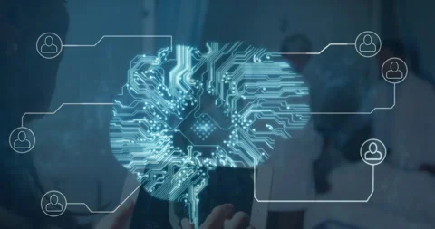 Human brain made of microprocessor and network of connection icons against two Stock Footage 143957205
