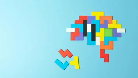 Human brain is made of multi-colored wooden blocks. Creative medical or bus.. Stock Photos