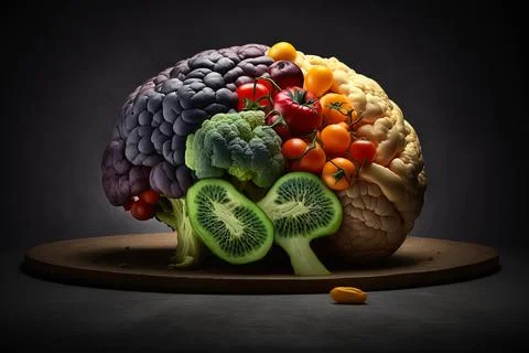 Human brain is made of vegetables and fruits created using origin AI techno.. Stock Illustration