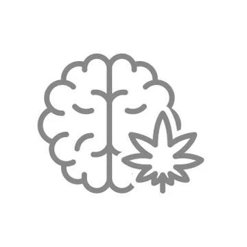 Human brain with marijuana leaf line icon. Cannabis treatment, anesthesia symbol Stock Illustration