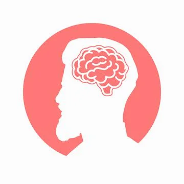 Human brain on men head red icon for apps and websites on white background. V Stock Illustration