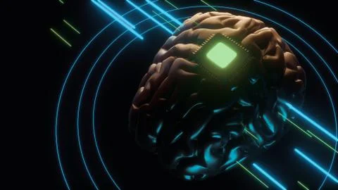 Human brain with microchip. Artificial intelligence machine learning concept Stock Illustration