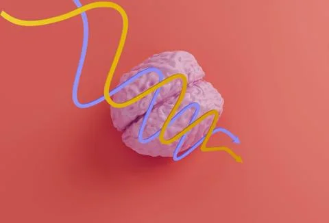 Human brain model and curved arrows on red background, 3d illustration Stock Illustration