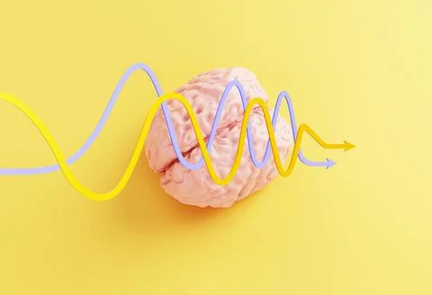 Human brain model and curved arrows on yellow background, 3d rendered 스톡 일러스트