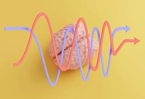 Human brain model and red blue statistical curved arrows on yellow background Stock Illustration