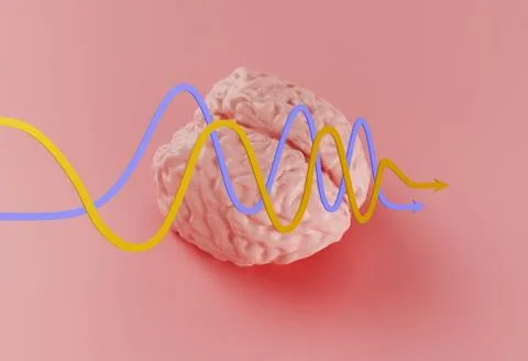 Human brain model and yellow blue statistical curved arrows on pink background Stock Illustration