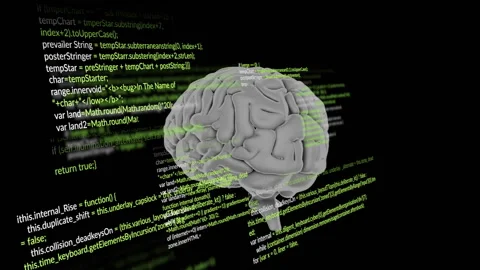 Human brain model with green code lines animation, representing artificial Stock Footage 306507375