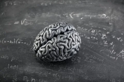 Human brain model with mathematical equations on old school chalkboard Stock Photos