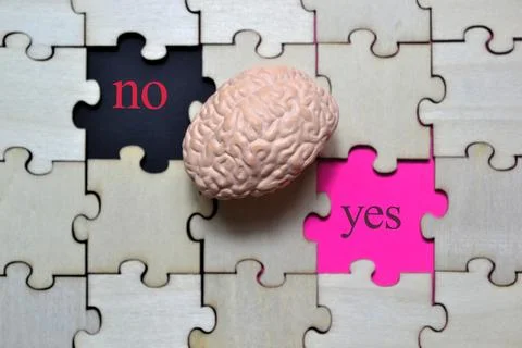 Human brain model placed between puzzle tiles labeled yes and no on vibrant.. Stock Photos