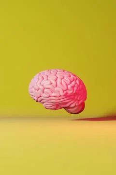 Human brain neon light yellow background 3d rendering. Creative idea Artifici Stock Illustration