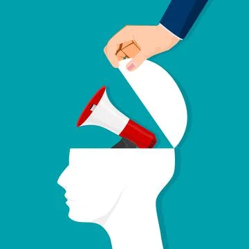 The human brain is opened with an advertising megaphone. vector illustration Illustrazione stock