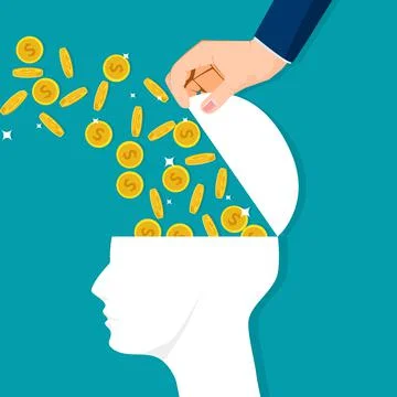 The human brain opened with a coin spurting out. Success concept. vector illu 스톡 일러스트