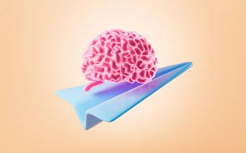 Human brain on the paper plane. Learn and innovate concepts, 3d rendering. Stock Photos