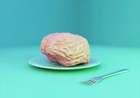 Human brain on a plate with fork, human brain as food, abuse Stock Illustration