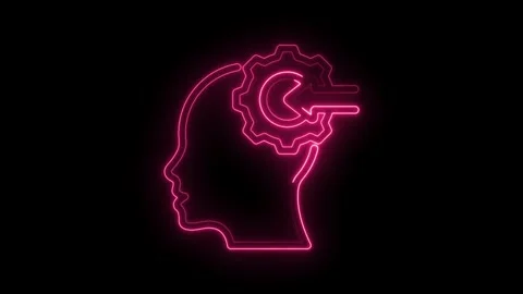Human brain processing with gear and arrow neon animation on black background Stock Footage 346005981