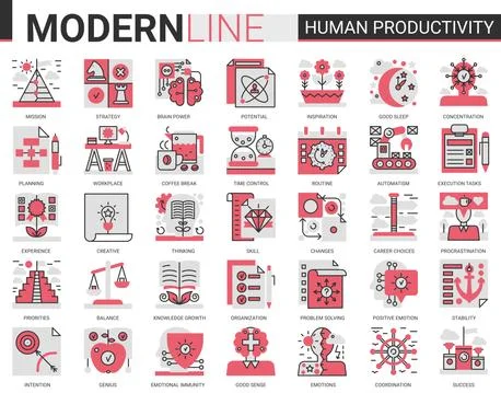Human brain productivity, concentration complex red black flat line vector Stock Illustration