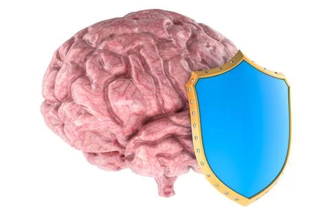 Human brain with protective shield symbolizing brain protection, mental hea.. Stock Illustration