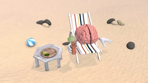 Human Brain rests on a beach chair. The concept of relaxing the mind. Stock Footage 73049972