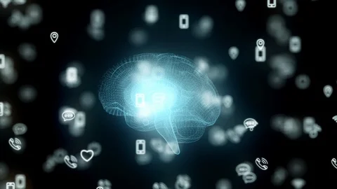 The human brain rotates from woven particles. Social icons. Video stock 106181374