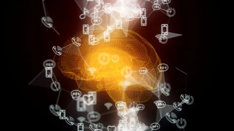 The human brain rotates from woven particles. Social icons. Video stock 106181908