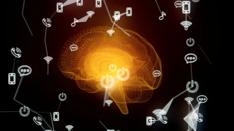The human brain rotates from woven particles. Social icons. Stock Footage 106181945
